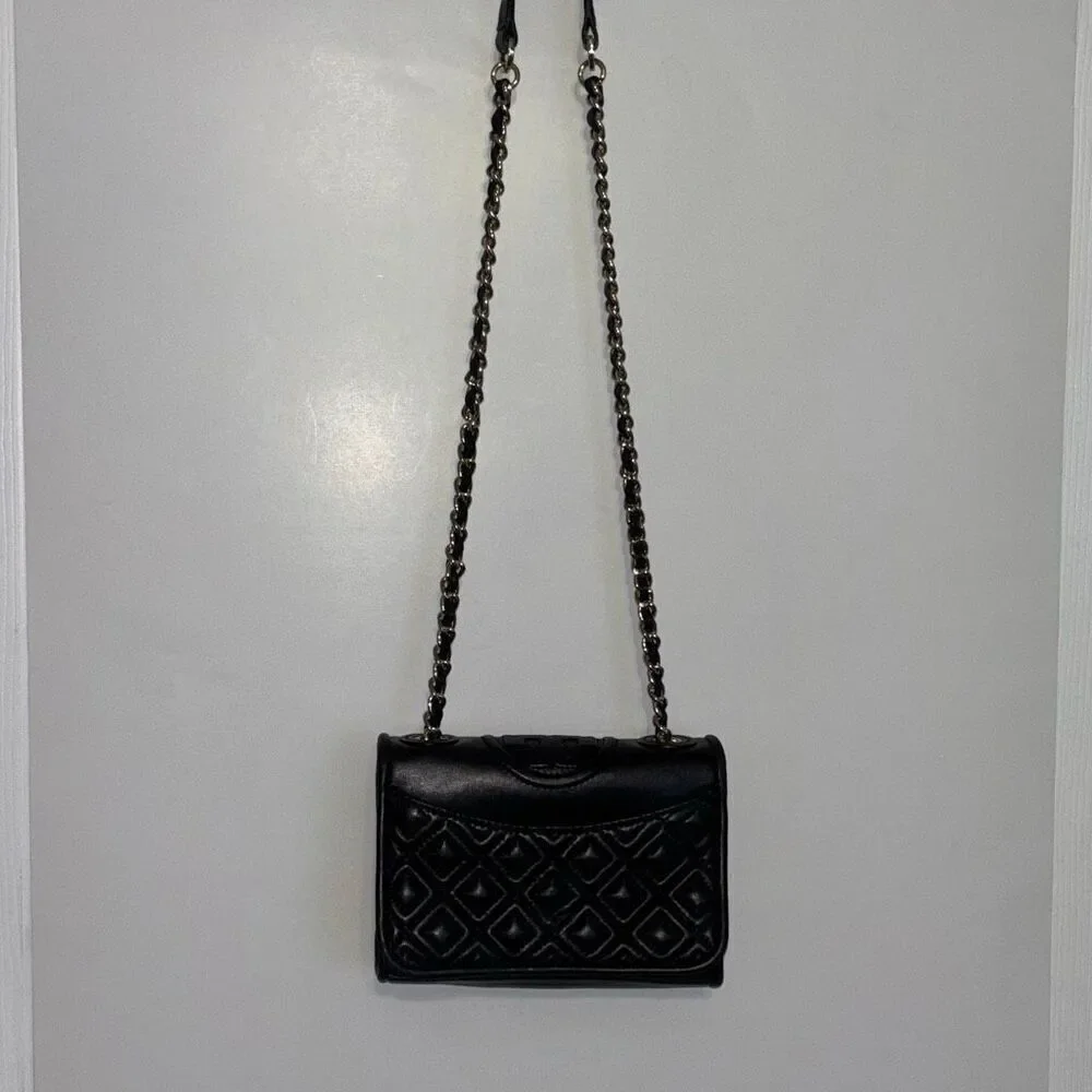Tory Burch Fleming black soft leather quilted convertible purse crossbod shouldr